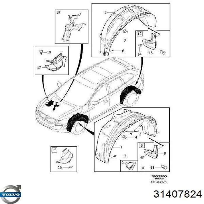 31407824 Volvo Guardalodos interior izquierdo, guardafango delantero
