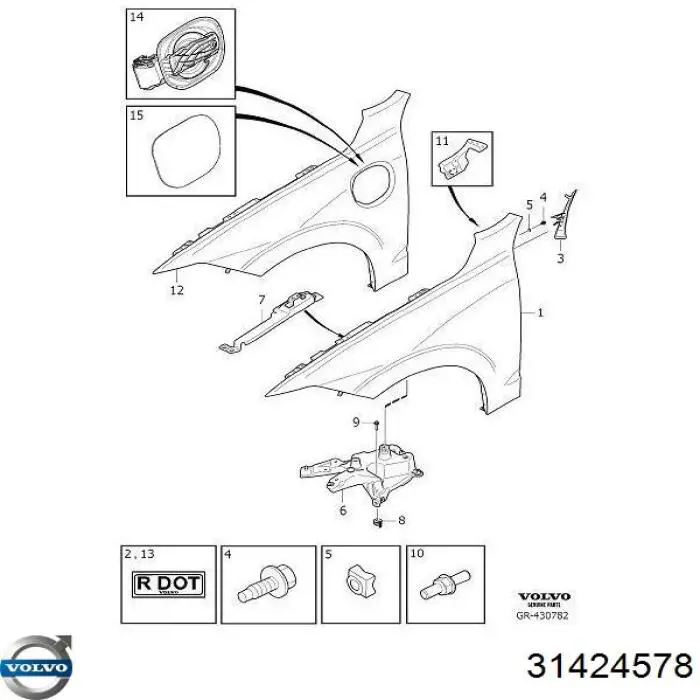 Soporte delantero izquierdo para aleta delantera 31424578 Volvo