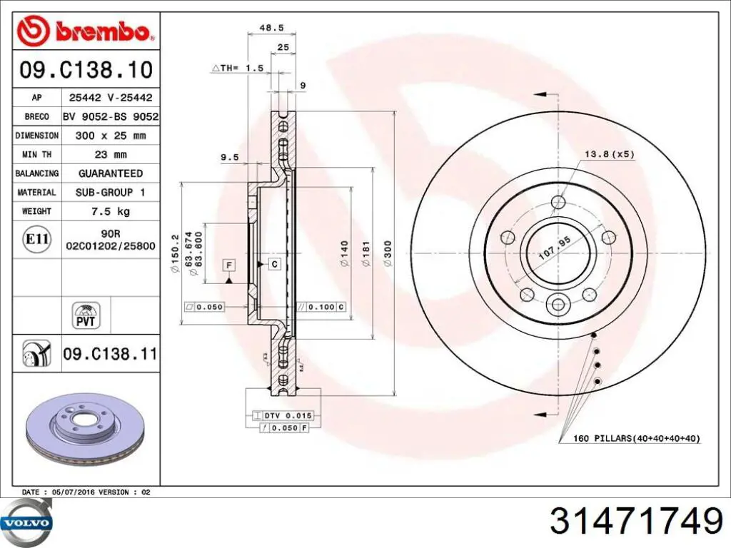 Freno de disco delantero Volvo V40 525, 526