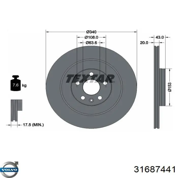 Disco de freno trasero 31687441 Volvo