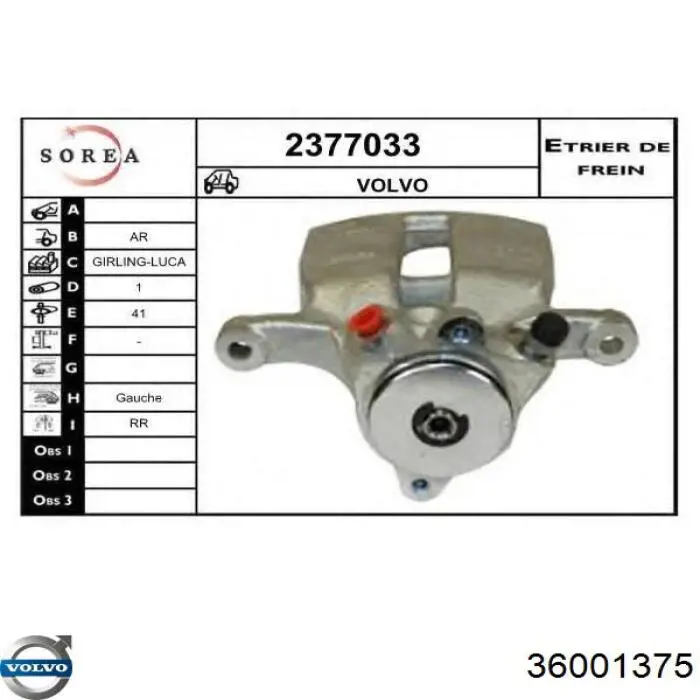 Comprar 36001375 Volvo Pinza de freno trasera izquierda