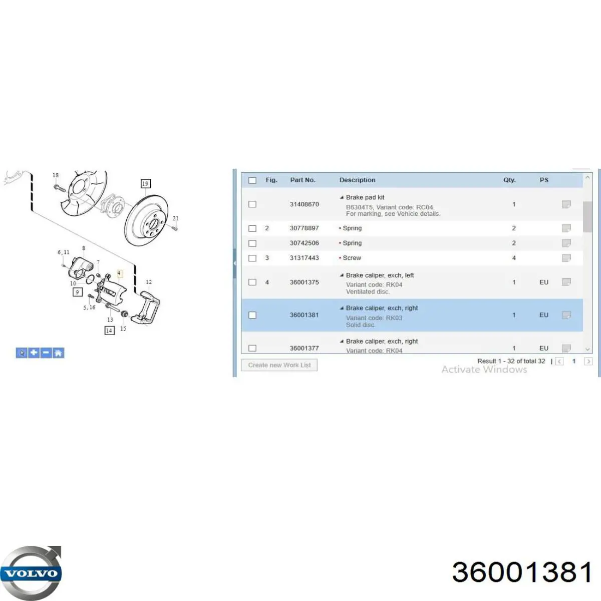 Pinza de freno trasera derecha 36001381 Volvo