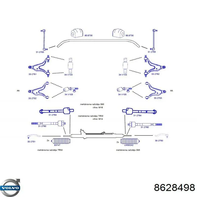 8628498 Volvo barra oscilante, suspensión de ruedas delantera, inferior derecha