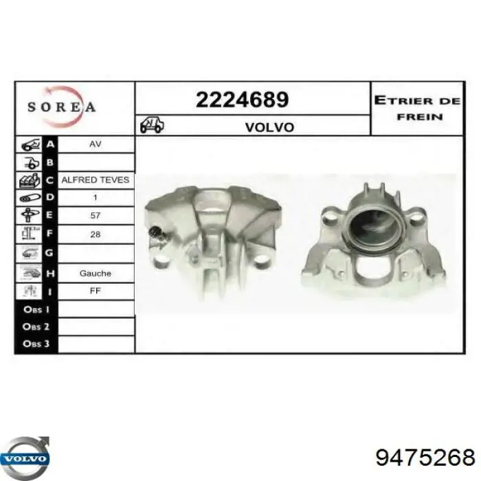 Pinza de freno delantera izquierda Volvo 9475268 precio, desde 54,95 EUR