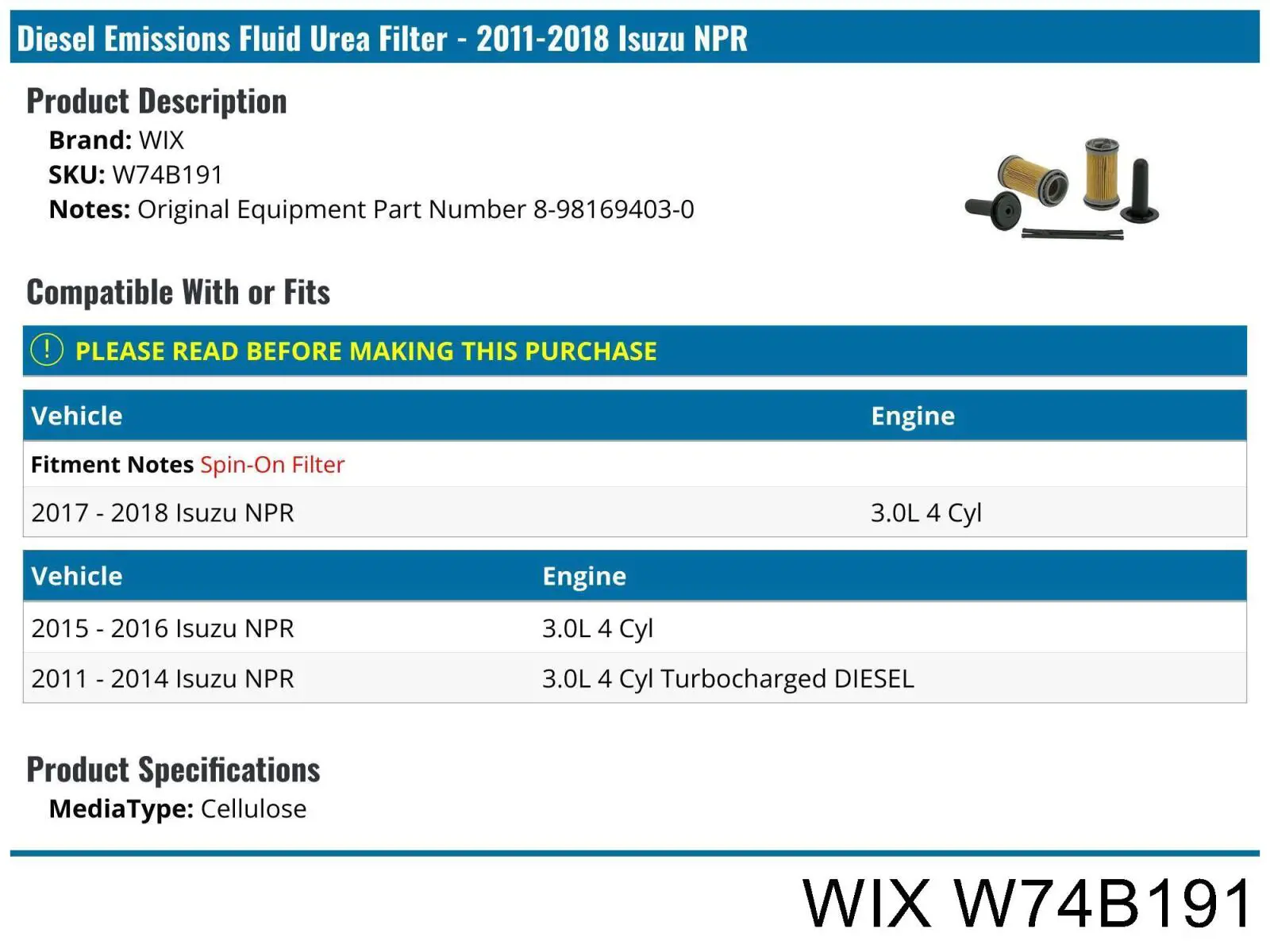Comprar W74B191 WIX Filtro de AdBlue