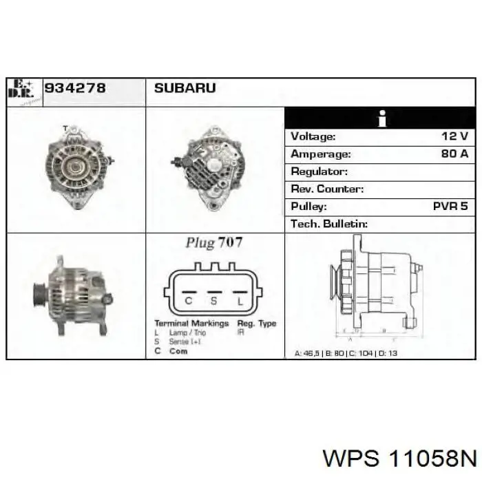 11058N WPS Alternador de coche