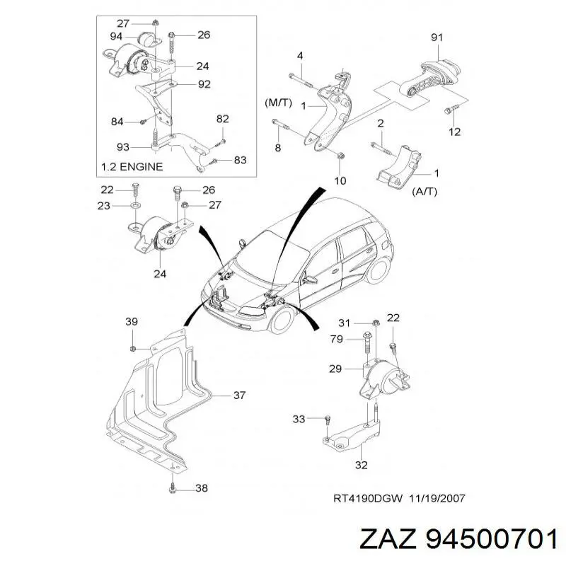 94500701 ZAZ perno del soporte de montaje del motor