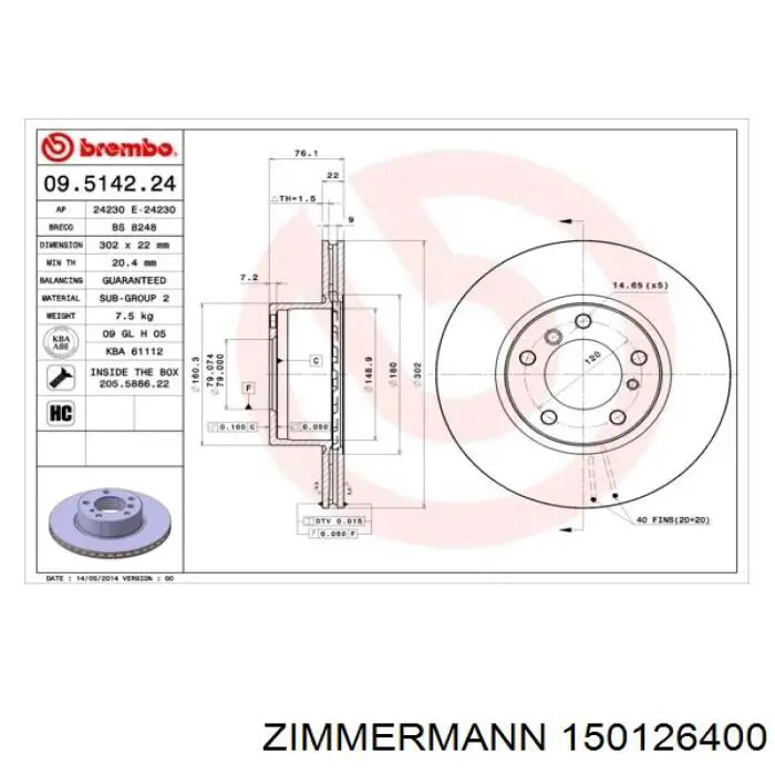 150126400 Zimmermann freno de disco delantero