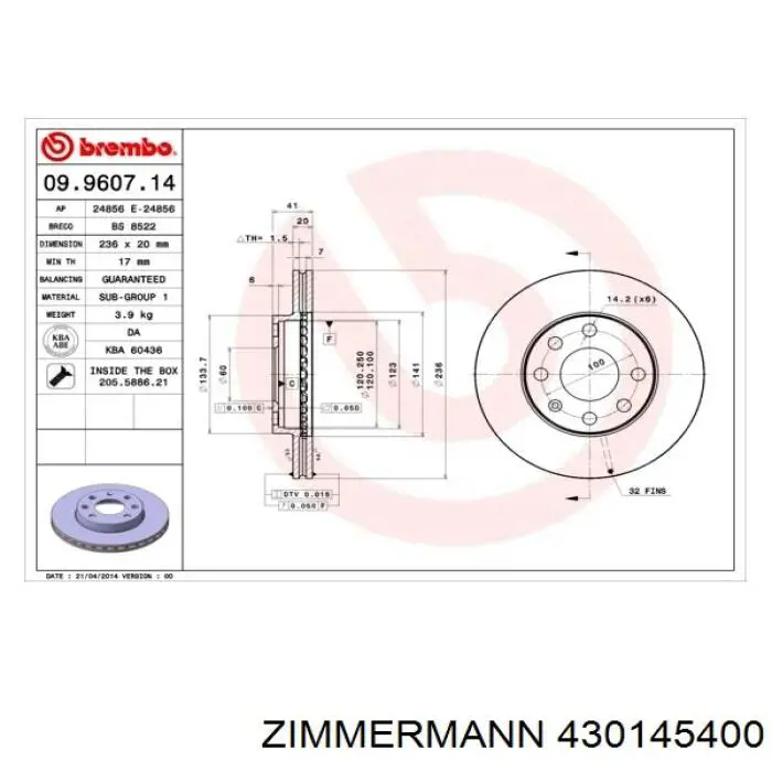Freno de disco delantero Opel Astra 51, 52, F35, M35