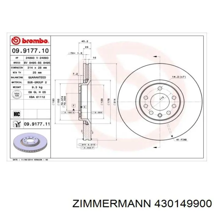 430149900 Zimmermann freno de disco delantero