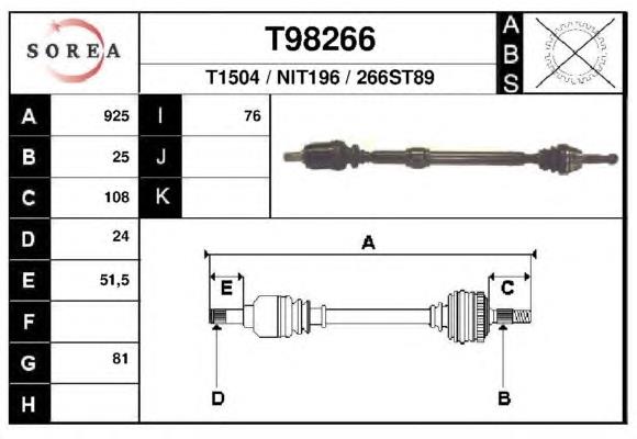 Árbol de transmisión delantero derecho T98266 EAI