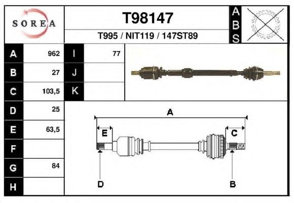 Árbol de transmisión delantero derecho T98147 EAI