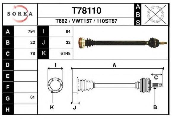 Árbol de transmisión delantero derecho T78110 EAI