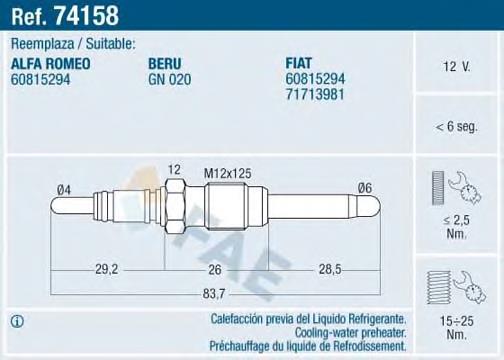 Bujía de precalentamiento del líquido refrigerante 74158 FAE