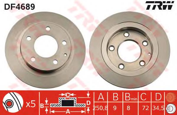 Disco de freno trasero DF4689 TRW