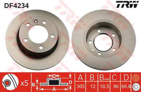 Disco de freno trasero DF4234 TRW