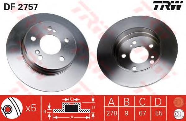 Disco de freno trasero DF2757 TRW