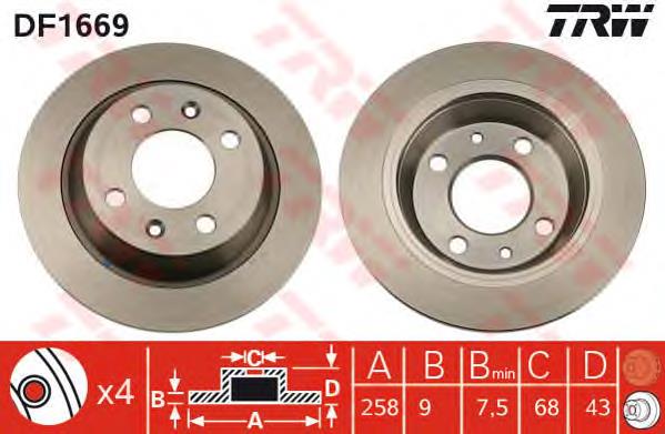 Disco de freno trasero DF1669 TRW