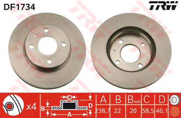 Freno de disco delantero DF1734 TRW