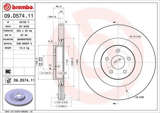 Disco de freno delantero 09D57411 BREMBO