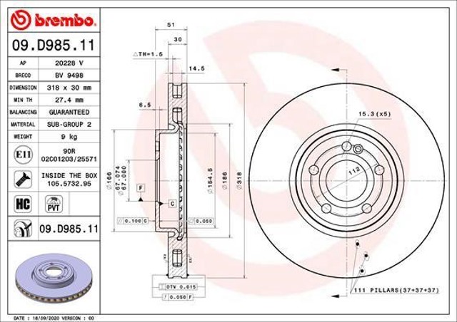 Freno de disco delantero 09D98511 BREMBO