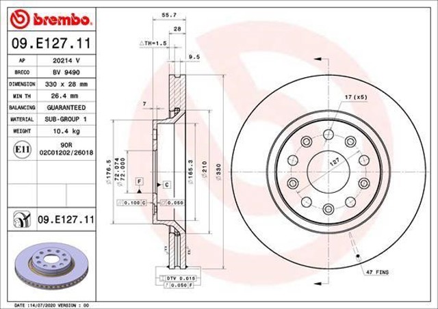 Disco de freno delantero 09E12711 BREMBO