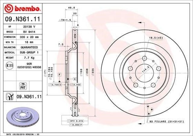 Disco de freno trasero 09N36111 BREMBO