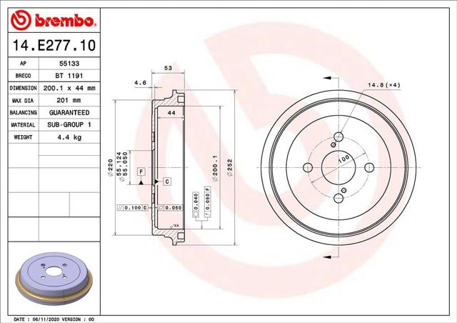 Tambor de freno trasero 14E27710 BREMBO