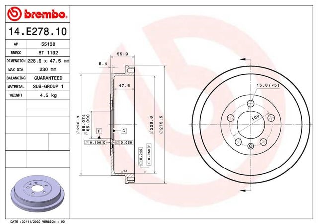 Tambor de freno trasero 14E27810 BREMBO