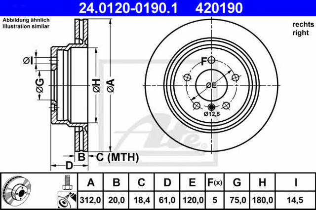 Disco de freno trasero 24012001901 ATE