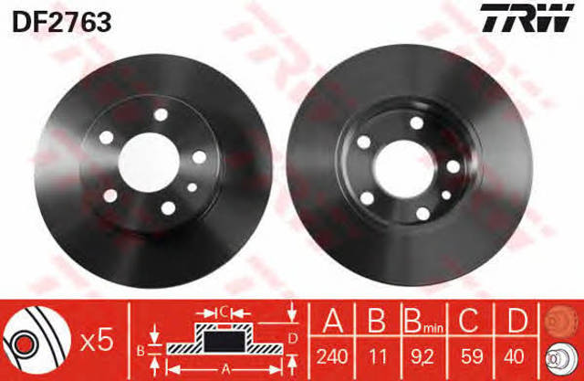 Disco de freno trasero DF2763 TRW