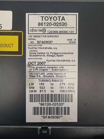 TOYOTA 8612002520 Radio  en stock Valencia
