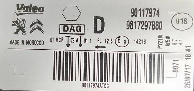 Faro delantero derecho 9817297880 PEUGEOT