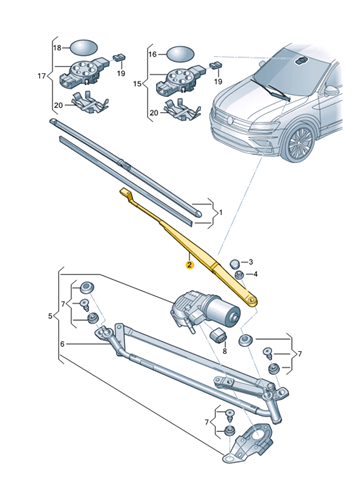 Brazo del limpiaparabrisas, lavado de parabrisas, luna delantera VOLKSWAGEN Tiguan 2 (BW2, BJ2)