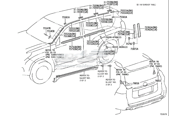 Moldura de puerta trasera izquierda superior TOYOTA 7576260050