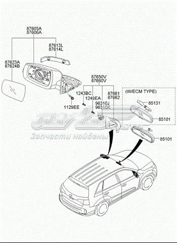 876112p070 Hyundai/Kia cristal de espejo retrovisor exterior izquierdo