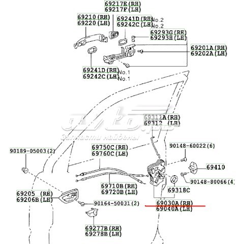 6903033272 Toyota cerradura de puerta delantera derecha