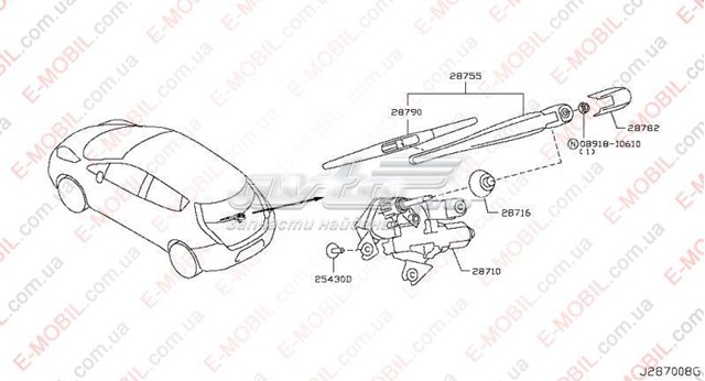 287801LA0A Nissan brazo del limpiaparabrisas, lavado de parabrisas, luna trasera