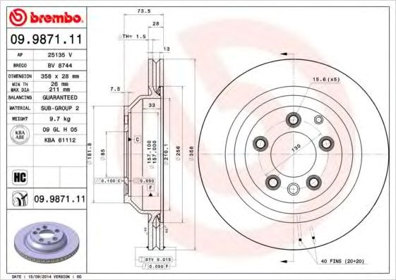 Disco de freno trasero BREMBO 9987111